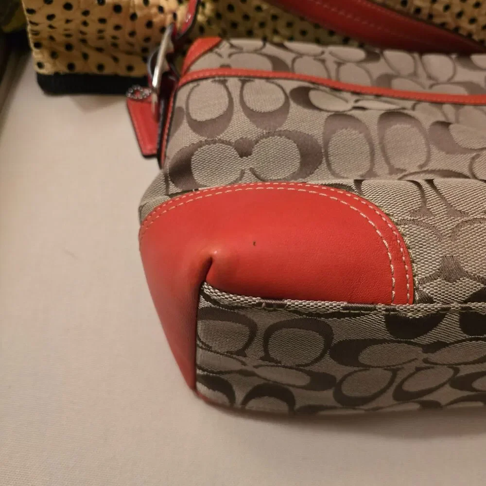 Coach Hampton Signature Flap Orange Leather Trim and Tan Crossbody Bag - Picture 4 of 9